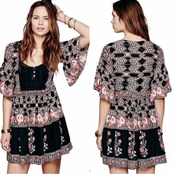 Free People Hayden Floral Lace Valley Printed Swing Dress Bell Sleeve - Picture 11 of 11